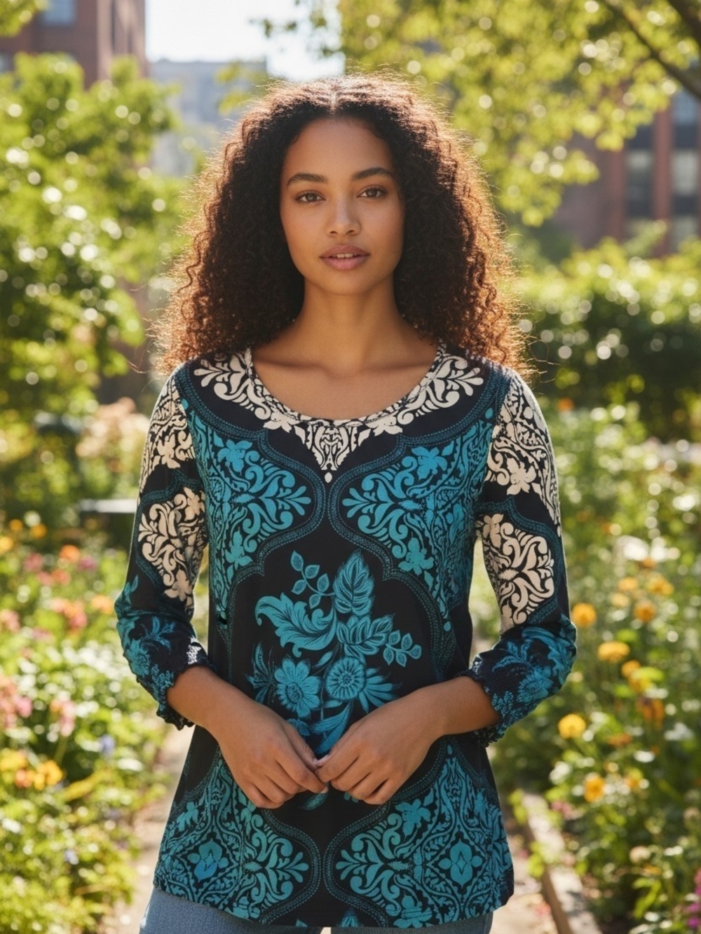 Johnny Was Teal and Black Ornate Scoop Neck Tunic